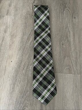 Barry.Wang Black Plaid Tie with Green and White Stripes